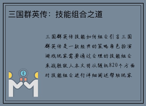 三国群英传：技能组合之道